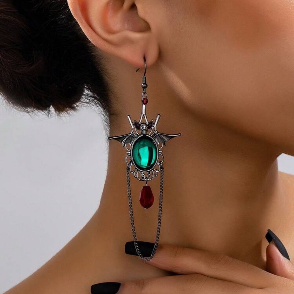 2/$30🌵 Black Bat Green Stone Earrings Dangle Chain Red Bead Gothic Jewelry NEW - Picture 5 of 11